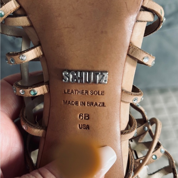 SCHUTZ Tan Leather Strappy Heels with Rhinestones - Picture 6 of 7